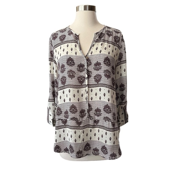 Collective Concepts Women's Long Sleeve Blouse S Damask Print Ivory Easy Care - Picture 1 of 8